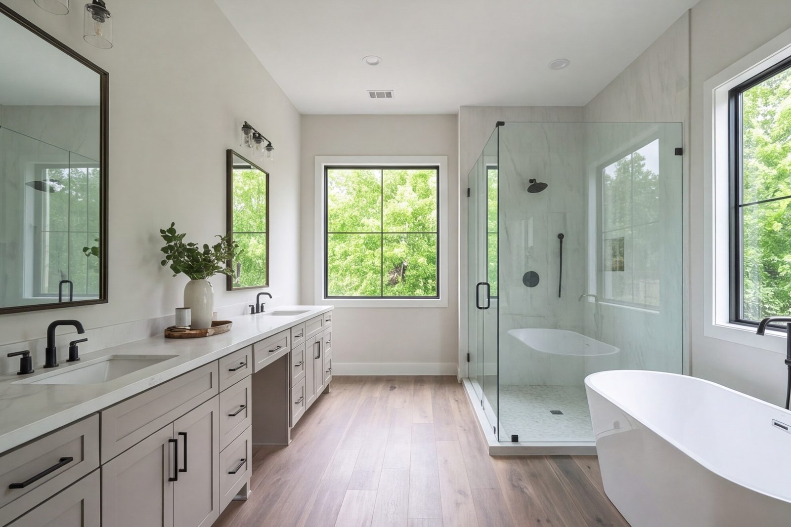 Spacious primary bathroom with a walk-in shower, double vanity and large window