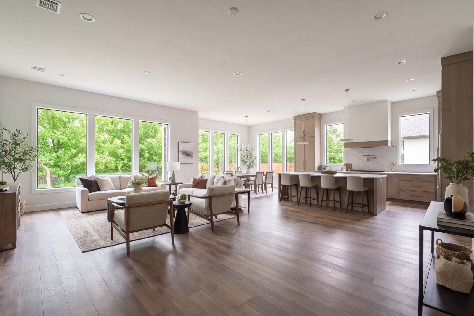 Whole-home remodel with the living room, dining area and kitchen opened into one wide room